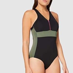 AURIQUE Women's Zip Front Swimsuit, Green/Black/Fuchsia, Size Medium